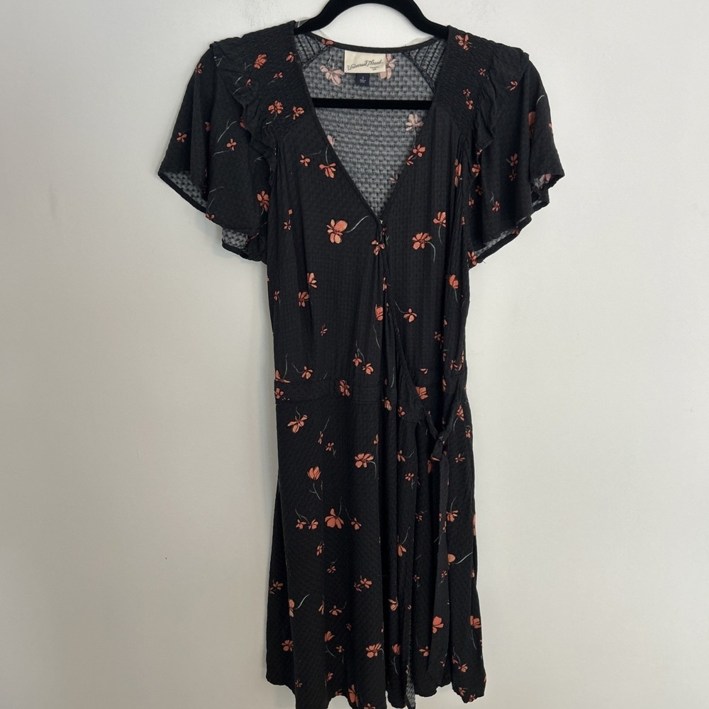 Universal Thread Women's S Ruffle Sleeve Black Peach Wrap Side Tie Boho Dress